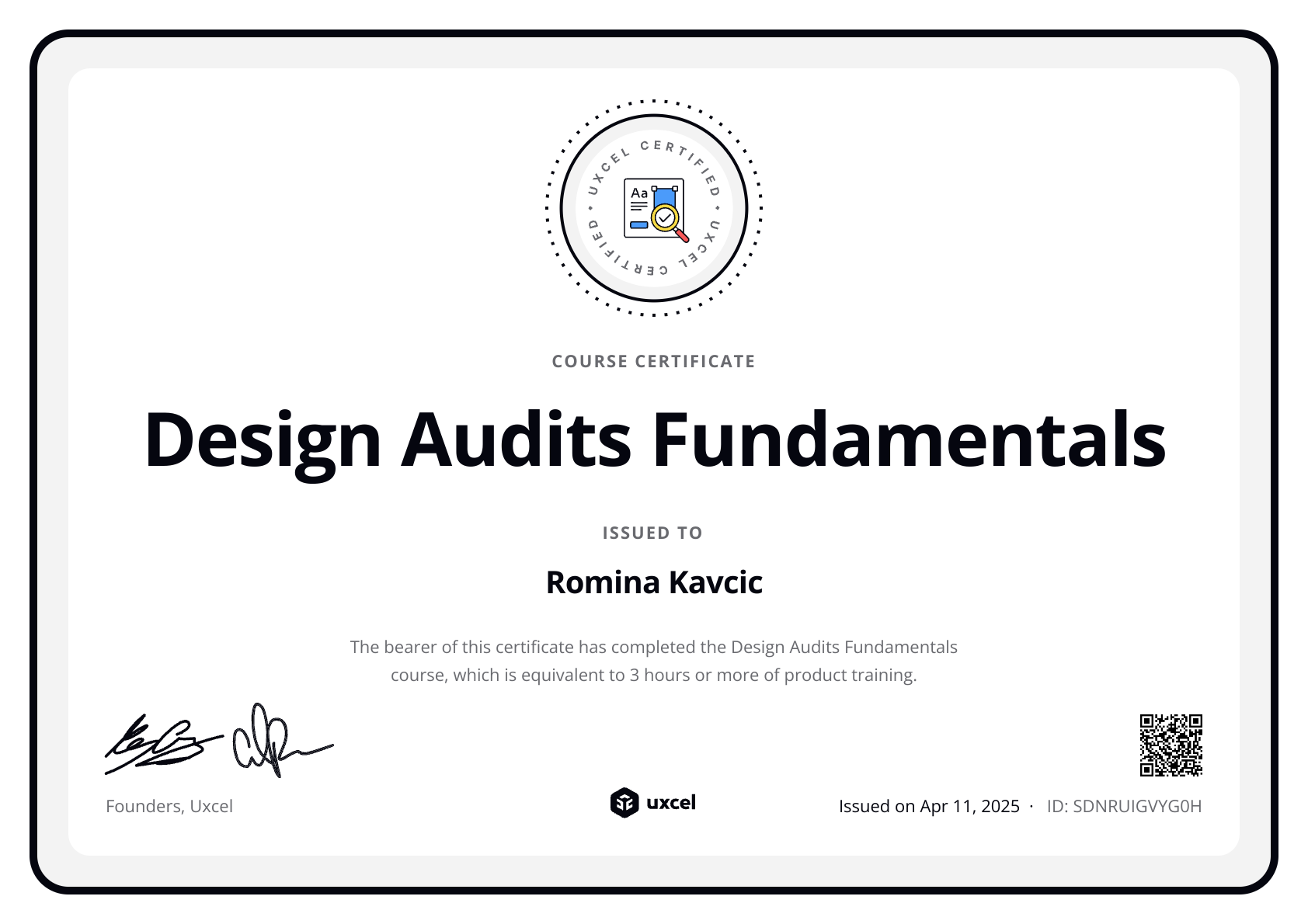 Romina Kavcic's certificate